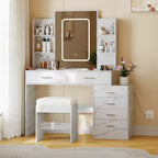 COZONY Coiffeuse avec Miroir et Lumières, Table de Maquillage avec 6 Tiroirs, Étagères, Station de Charge, Tabouret et Éclairage Réglable 3 Couleurs