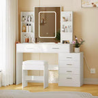 COZONY Coiffeuse avec Miroir et Lumières, Table de Maquillage avec 6 Tiroirs, Étagères, Station de Charge, Tabouret et Éclairage Réglable 3 Couleurs