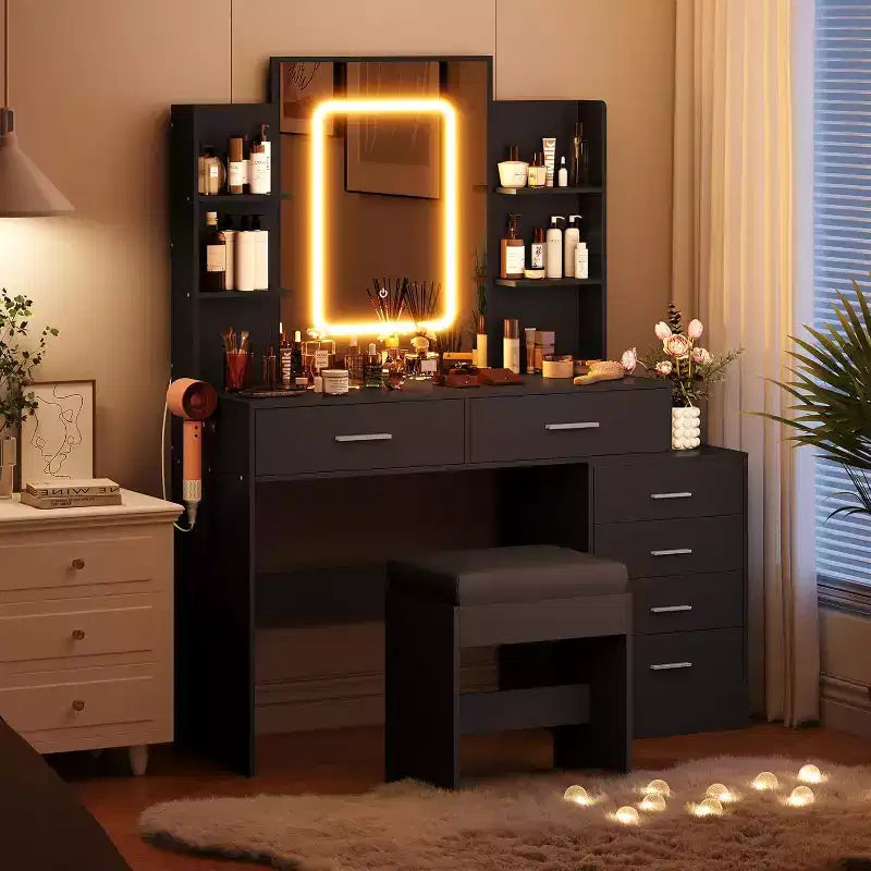 COZONY Coiffeuse avec Miroir et Lumières, Table de Maquillage avec 6 Tiroirs, Étagères, Station de Charge, Tabouret et Éclairage Réglable 3 Couleurs