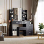 COZONY Coiffeuse avec Miroir et Lumières, Table de Maquillage avec 6 Tiroirs, Étagères, Station de Charge, Tabouret et Éclairage Réglable 3 Couleurs