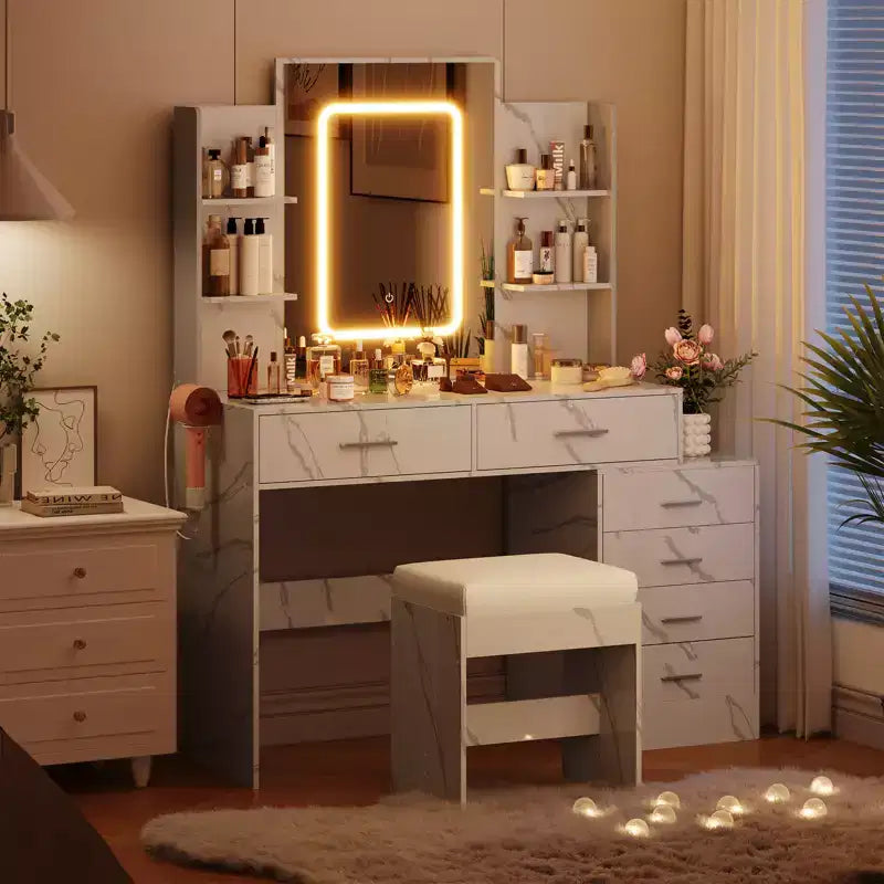 COZONY Coiffeuse avec Miroir et Lumières, Table de Maquillage avec 6 Tiroirs, Étagères, Station de Charge, Tabouret et Éclairage Réglable 3 Couleurs