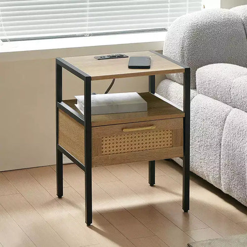 Acekool Rattan Nightstand with Charging Station, Drawer and Open Shelf, Compact Side Table for Bedroom and Living Room, Natural