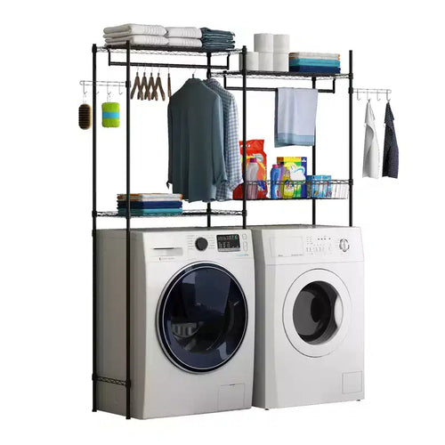 57.4 Over Washer and Dryer Laundry Shelf with Adjustable Towel Racks, Hamper & Hooks, Space-Saving Organization for Laundry Room