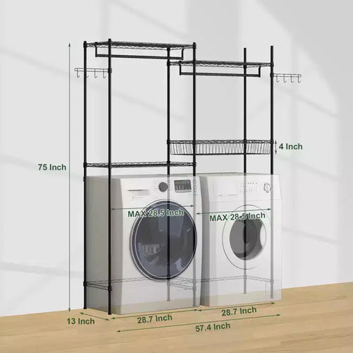 57,4 support de rangement au-dessus de la laveuse et de la sécheuse avec porte-serviettes réglables, panier à linge et crochets, organisation compacte pour la buanderie