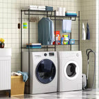57,4 support de rangement au-dessus de la laveuse et de la sécheuse avec porte-serviettes réglables, panier à linge et crochets, organisation compacte pour la buanderie