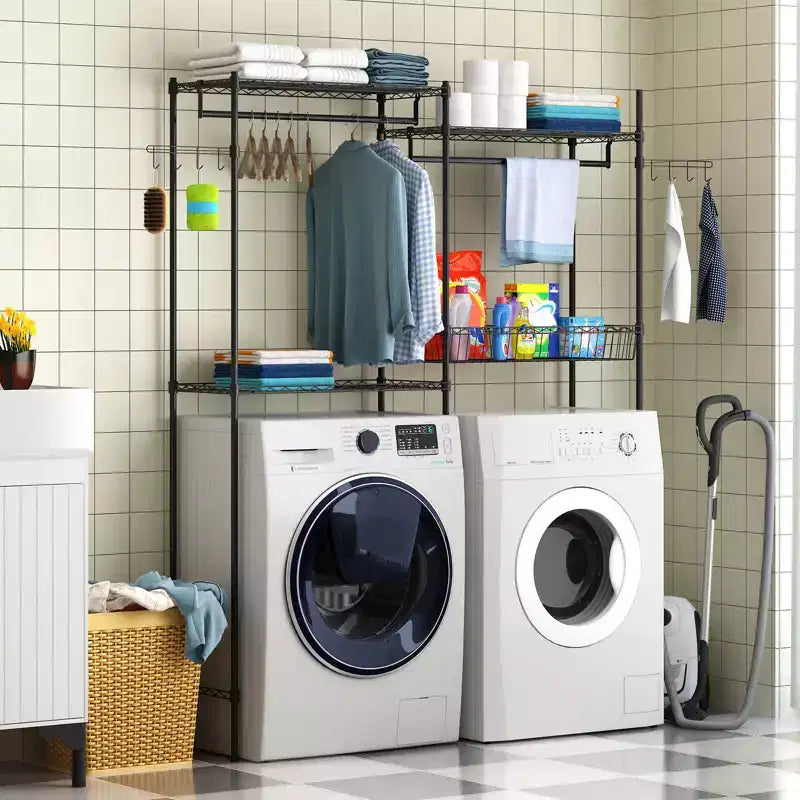 57,4 support de rangement au-dessus de la laveuse et de la sécheuse avec porte-serviettes réglables, panier à linge et crochets, organisation compacte pour la buanderie