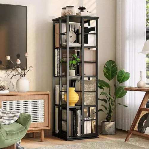 Acekool 4-Tier Metal Rotating Bookshelf, 360 Ball Bearing Storage Rack, Corner Organizer, Industrial