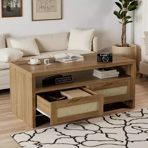Acekool Bohemian Chic Oak Coffee Table, Rattan Drawers, Gold Handles, 2-Drawer Storage, Modern Mid-Century, Vintage Brown