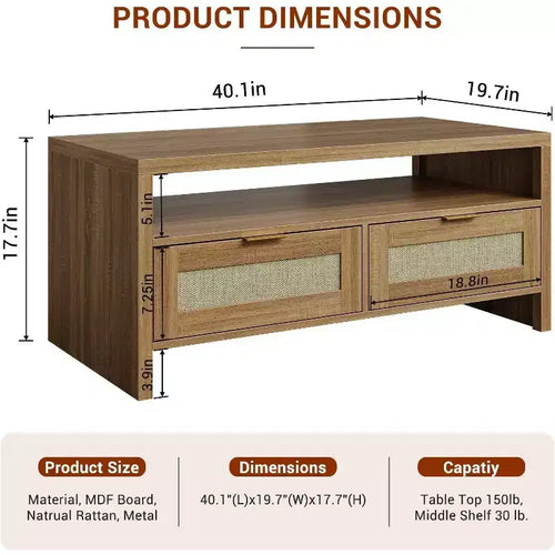 Table basse Acekool Bohemian Chic en chêne, tiroirs en rotin, poignées dorées, 2 tiroirs de rangement, moderne Mid-Century, marron vintage