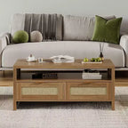 Table basse Acekool Bohemian Chic en chêne, tiroirs en rotin, poignées dorées, 2 tiroirs de rangement, moderne Mid-Century, marron vintage
