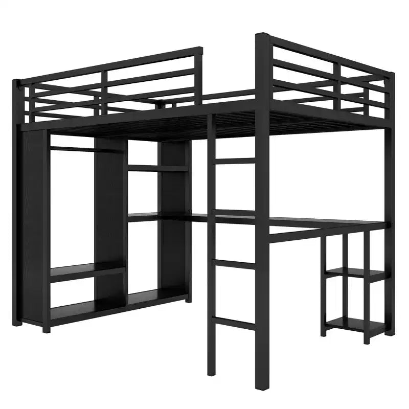 Lit mezzanine Queen Size avec armoire intégrée, Lit mezzanine en métal avec bureau et étagères de rangement Noir