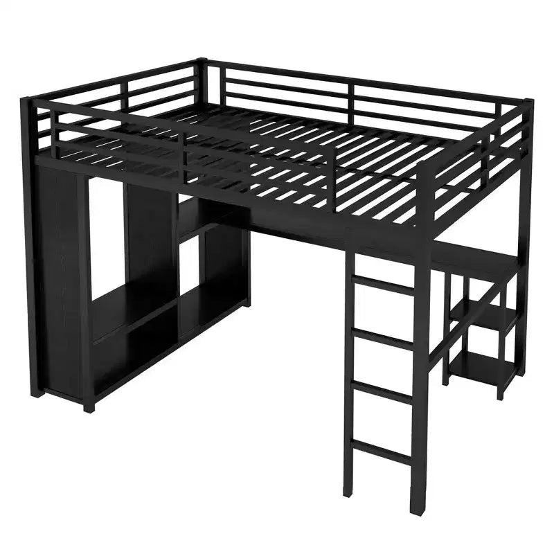 Lit mezzanine Queen Size avec armoire intégrée, Lit mezzanine en métal avec bureau et étagères de rangement Noir
