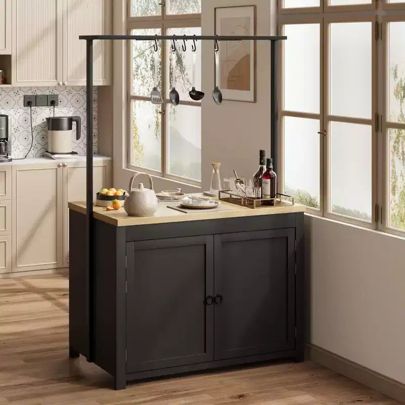 Coolmee Îlot de cuisine mobile avec rangement 42 - Chariot de cuisine robuste avec étagères à 2 niveaux et 5 crochets, comptoir en bois pour petits espaces