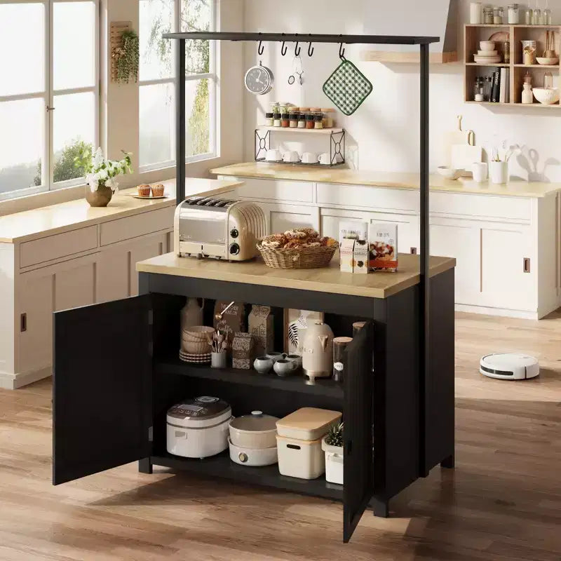 Coolmee Îlot de cuisine mobile avec rangement 42 - Chariot de cuisine robuste avec étagères à 2 niveaux et 5 crochets, comptoir en bois pour petits espaces