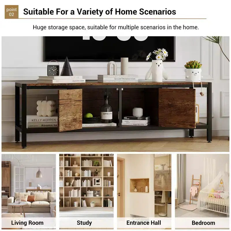 Meuble TV, Meuble TV rustique avec 2 espaces de rangement fermés et compartiment ouvert, Table de meuble TV en bois avec pieds réglables, Centre de divertissement multimédia
