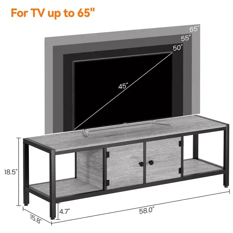 Meuble TV, Meuble TV rustique avec 2 espaces de rangement fermés et compartiment ouvert, Table de meuble TV en bois avec pieds réglables, Centre de divertissement multimédia