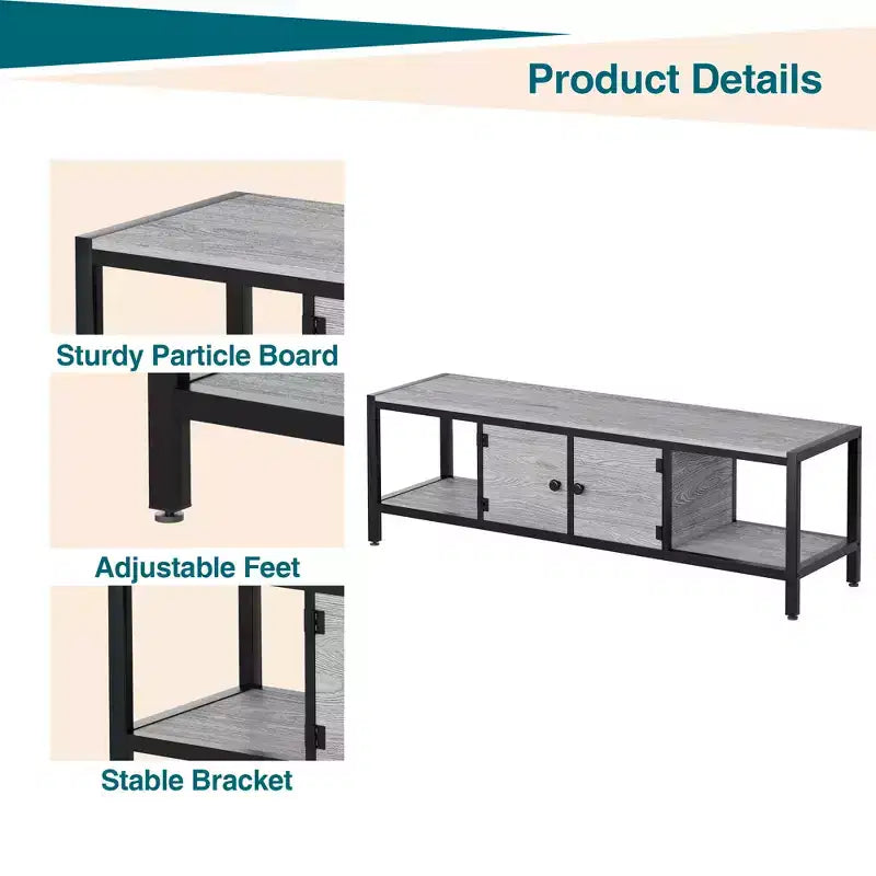 Meuble TV, Meuble TV rustique avec 2 espaces de rangement fermés et compartiment ouvert, Table de meuble TV en bois avec pieds réglables, Centre de divertissement multimédia