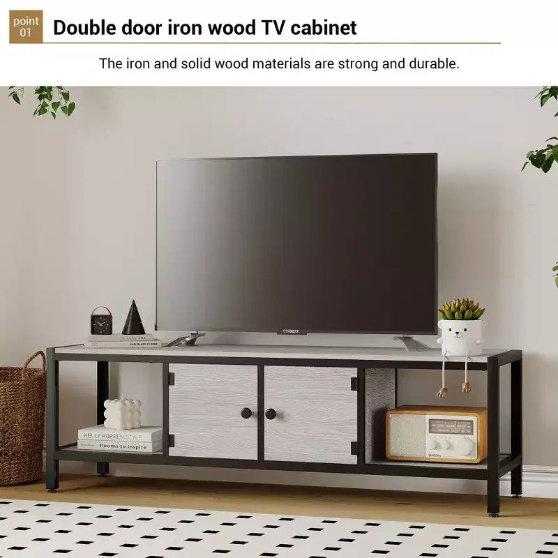 Meuble TV, Meuble TV rustique avec 2 espaces de rangement fermés et compartiment ouvert, Table de meuble TV en bois avec pieds réglables, Centre de divertissement multimédia