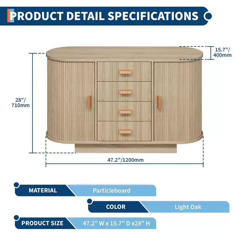 Meuble buffet, bar à café multifonctionnel cannelé de 120 cm avec 4 tiroirs et portes coulissantes - Bahut moderne en chêne