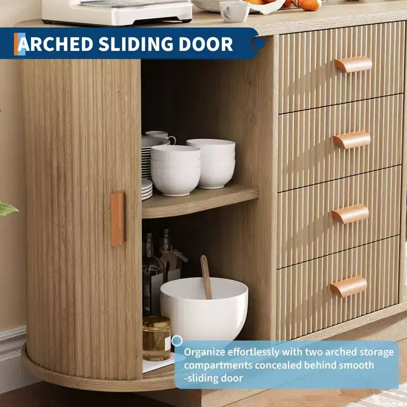 Meuble buffet, bar à café multifonctionnel cannelé de 120 cm avec 4 tiroirs et portes coulissantes - Bahut moderne en chêne