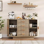 Meuble buffet, bar à café multifonctionnel cannelé de 120 cm avec 4 tiroirs et portes coulissantes - Bahut moderne en chêne