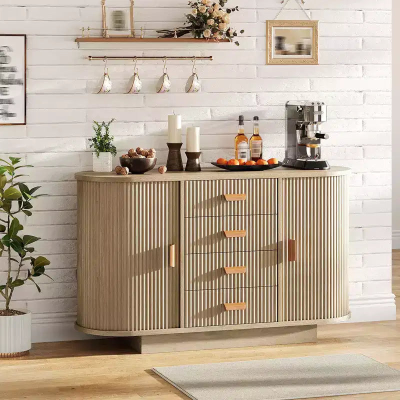 Meuble buffet, bar à café multifonctionnel cannelé de 120 cm avec 4 tiroirs et portes coulissantes - Bahut moderne en chêne