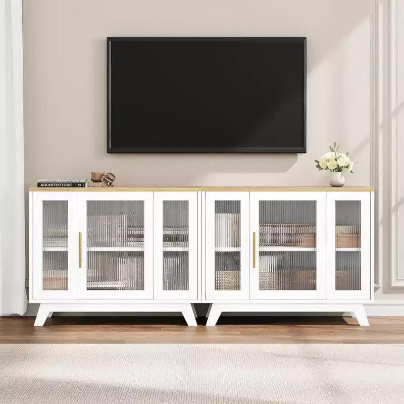 Coolmee Armoire de Rangement d'Appoint, Buffet 91 cm avec Porte en Verre Cannelé et Étagère Réglable, Meuble Bar à Café pour Cuisine, Salle à Manger