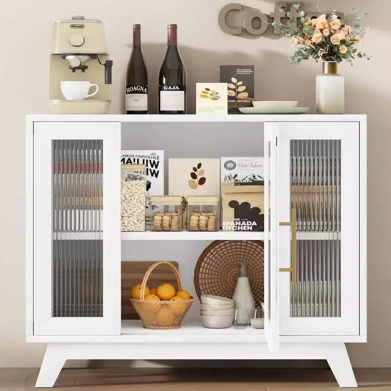 Coolmee Armoire de Rangement d'Appoint, Buffet 91 cm avec Porte en Verre Cannelé et Étagère Réglable, Meuble Bar à Café pour Cuisine, Salle à Manger