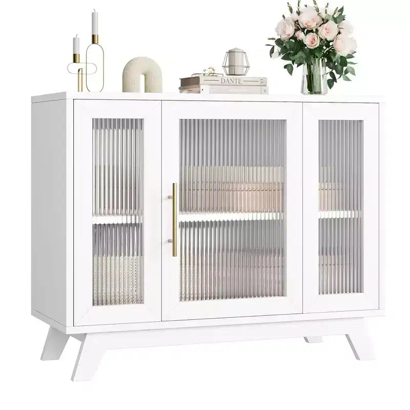 Coolmee Armoire de Rangement d'Appoint, Buffet 91 cm avec Porte en Verre Cannelé et Étagère Réglable, Meuble Bar à Café pour Cuisine, Salle à Manger