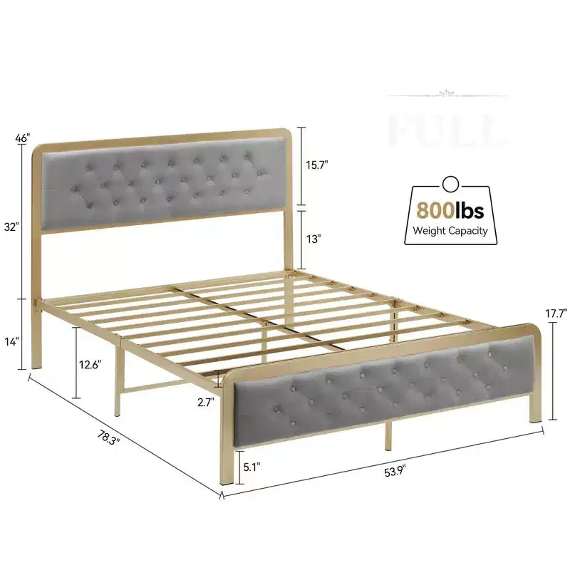 Lit plateforme pleine taille en velours capitonné avec tête et pied de lit touffetés