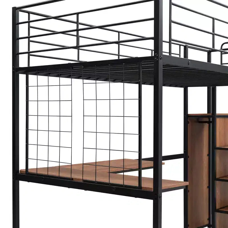 Lit mezzanine en métal avec bureau et grille métallique, lit élégant avec cadre en métal, échelle de rangement latérale et armoire