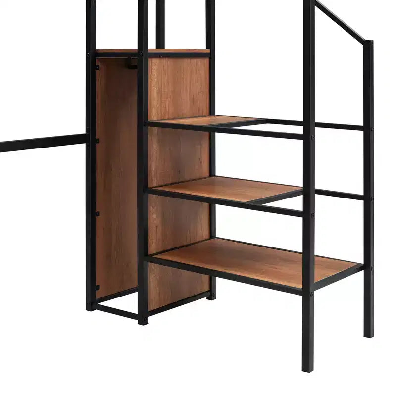 Lit mezzanine en métal avec bureau et grille métallique, lit élégant avec cadre en métal, échelle de rangement latérale et armoire