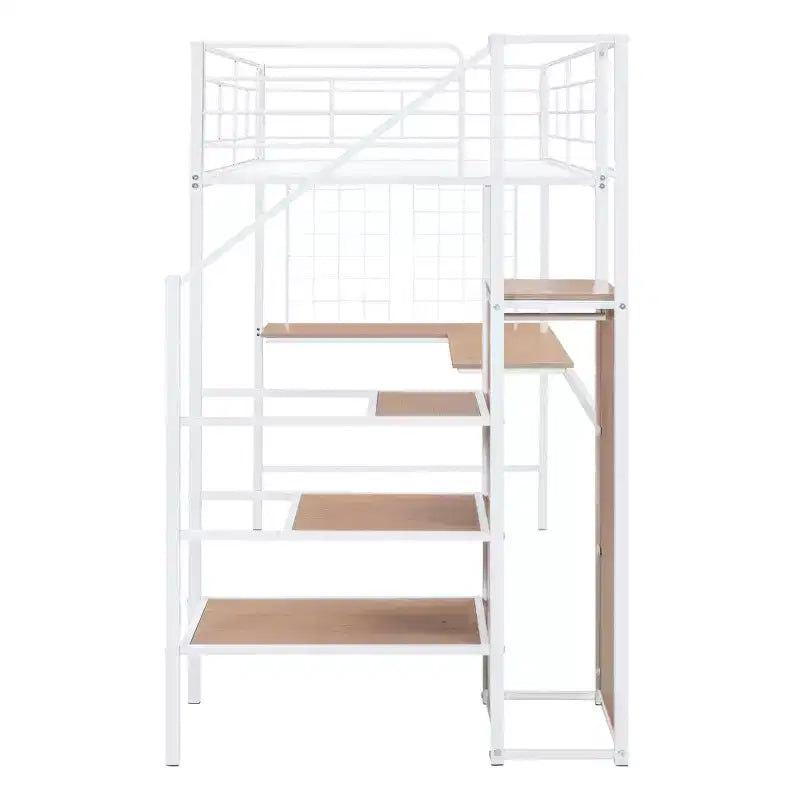 Lit mezzanine en métal avec bureau et grille métallique, lit élégant avec cadre en métal, échelle de rangement latérale et armoire