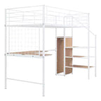 Lit mezzanine en métal avec bureau et grille métallique, lit élégant avec cadre en métal, échelle de rangement latérale et armoire