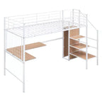 Lit mezzanine en métal avec bureau et grille métallique, lit élégant avec cadre en métal, échelle de rangement latérale et armoire