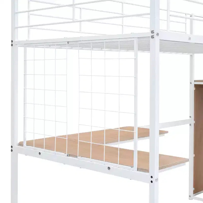 Lit mezzanine en métal avec bureau et grille métallique, lit élégant avec cadre en métal, échelle de rangement latérale et armoire