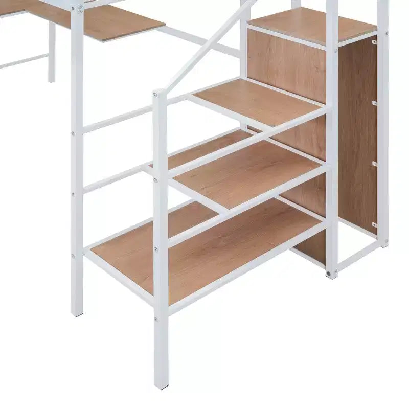 Lit mezzanine en métal avec bureau et grille métallique, lit élégant avec cadre en métal, échelle de rangement latérale et armoire