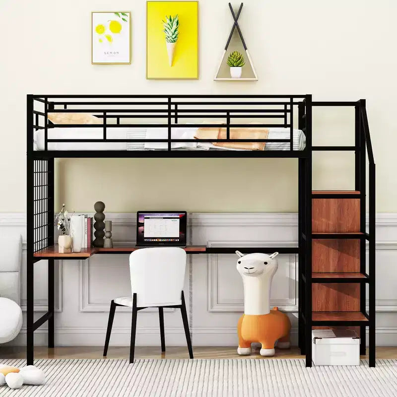 Lit mezzanine en métal avec bureau et grille métallique, lit élégant avec cadre en métal, échelle de rangement latérale et armoire