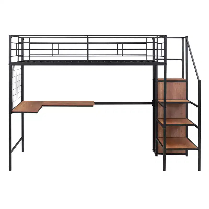 Lit mezzanine en métal avec bureau et grille métallique, lit élégant avec cadre en métal, échelle de rangement latérale et armoire