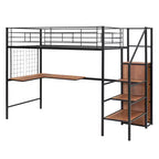 Lit mezzanine en métal avec bureau et grille métallique, lit élégant avec cadre en métal, échelle de rangement latérale et armoire