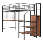 Lit mezzanine en métal avec bureau et grille métallique, lit élégant avec cadre en métal, échelle de rangement latérale et armoire