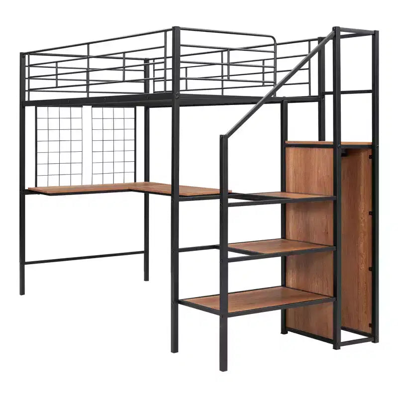 Lit mezzanine en métal avec bureau et grille métallique, lit élégant avec cadre en métal, échelle de rangement latérale et armoire