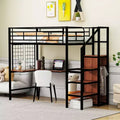 Metal Loft Bed with Desk and Metal Grid, Stylish Metal Frame Bed with Lateral Storage Ladder and Wardrobe