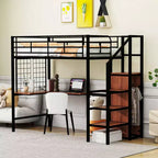 Metal Loft Bed with Desk and Metal Grid, Stylish Metal Frame Bed with Lateral Storage Ladder and Wardrobe