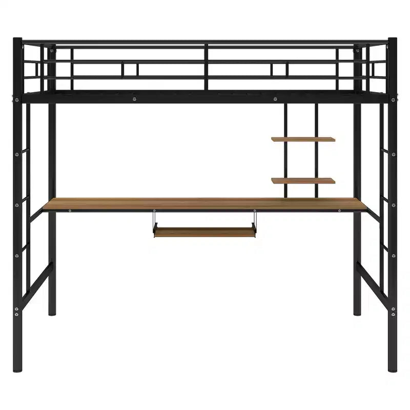 Lit mezzanine en métal avec bureau intégré et étagère de rangement, lit mezzanine haut avec tablette coulissante pour clavier pour enfants garçons filles adolescents