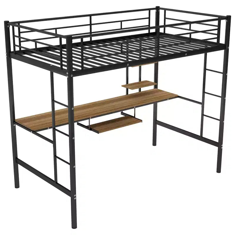 Lit mezzanine en métal avec bureau intégré et étagère de rangement, lit mezzanine haut avec tablette coulissante pour clavier pour enfants garçons filles adolescents
