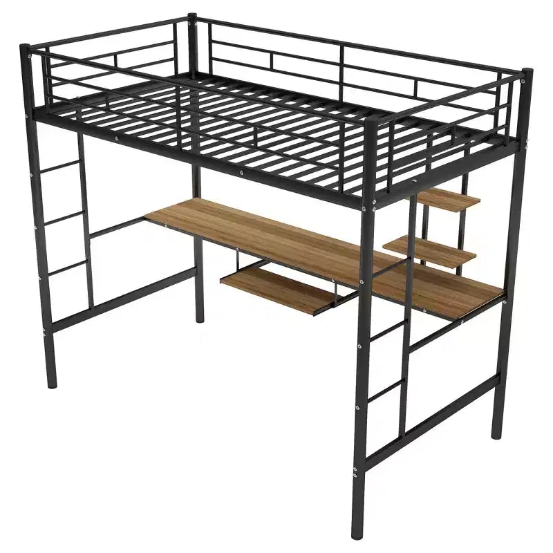 Lit mezzanine en métal avec bureau intégré et étagère de rangement, lit mezzanine haut avec tablette coulissante pour clavier pour enfants garçons filles adolescents