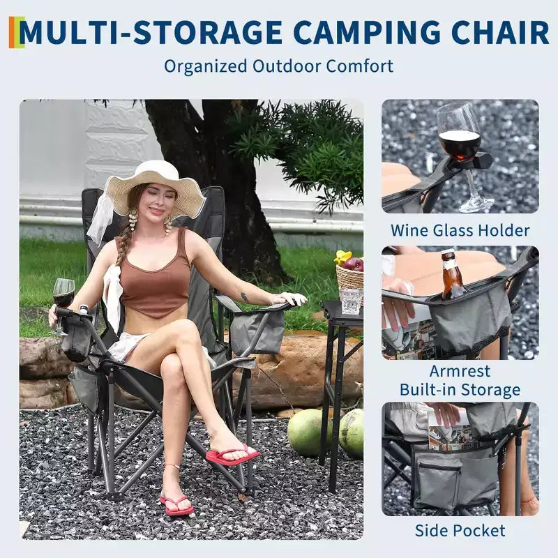 Chaise de camping pliante surdimensionnée, chaise portable rembourrée d'extérieur avec porte-gobelet, capacité de 204 kg