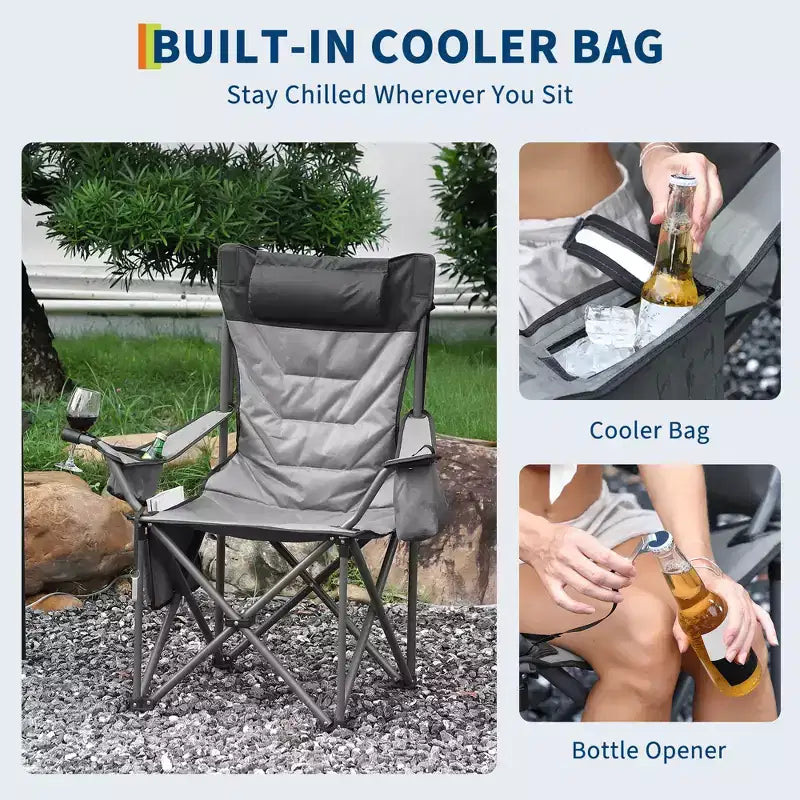 Chaise de camping pliante surdimensionnée, chaise portable rembourrée d'extérieur avec porte-gobelet, capacité de 204 kg