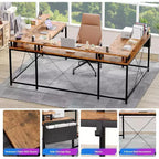Bureau d'angle en U de 200 cm pour gamer, bureau d'ordinateur réversible en forme de L avec prises de courant, lumières LED, support d'écran et étagères de rangement